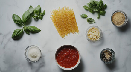 Visão aérea de ingredientes de massa fresca com manjericão, molho de tomate e queijo ralado