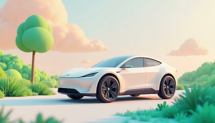 Fototapeta premium White Electric Car in a Cartoon Landscape, Concept of Eco-Friendly Transportation and Sustainable Future.