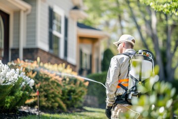 Professional landscaper applying pest control treatment to garden plants in residential area during sunny day, ensuring healthy growth and protection from insects
