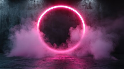 A vivid pink neon circle radiates an intense glow amid layers of smoke, projecting an aura of mystery and cyber essence in a captivating circular form.