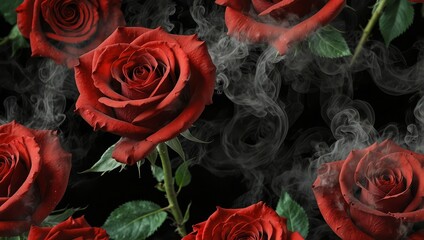 Red rose wrapped in smoke swirl on black background 