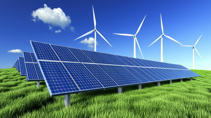 Solar and wind renewable energy farm with solar panels glistening and wind turbines rotating in an open field