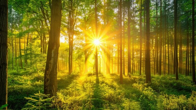 Radiant sunburst through dense, misty forest canopy at sunrise