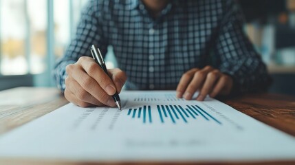 financial and planning badges concept. A person in a checked shirt writes on a document featuring blue bar graphs, focusing on data analysis in a bright workspace.