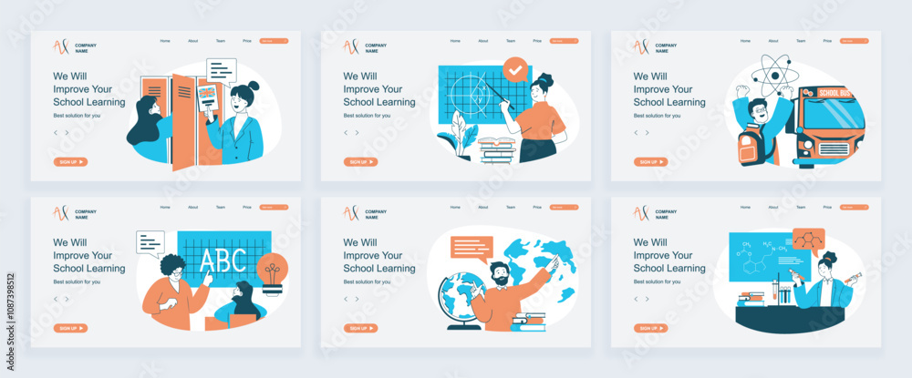 Fototapete school learning concept of landing page with slide templates set in flat design. website headers wit