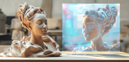 A beautifully designed sculpture made of clay next to a digital model displayed on a holographic screen, highlighting the integration of art forms through technology.