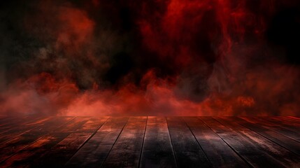 Dark wooden floor with a backdrop of red smoke, creating a mysterious and ominous atmosphere.
