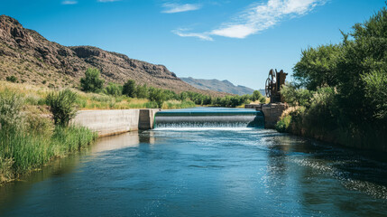Small-scale hydroelectric system on a serene river, with a turbine generating clean energy for nearby homes