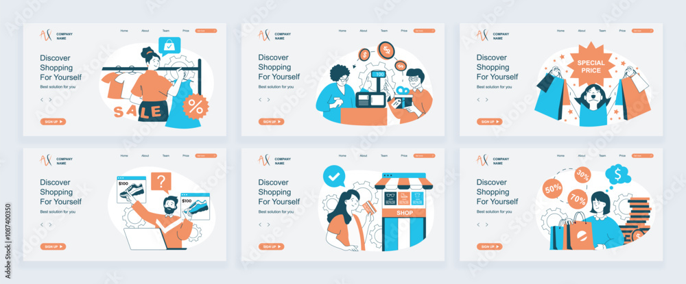 Leinwandbilder Shopping concept of landing page with slide templates set in flat design. Website headers with people ordering, making purchases and paying at checkout, getting discount coupons. Vector illustrations.