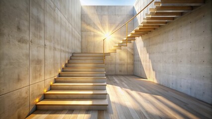 Fototapeta premium Sunlight streams through a window illuminating a modern concrete staircase with a golden railing and wooden treads.
