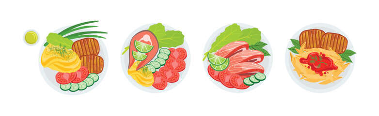 Tasty Food and Meal Different Served Vector Set