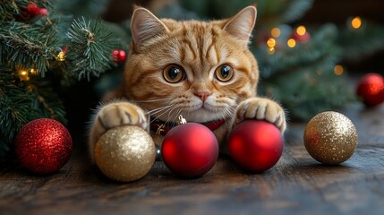 Adorable cat playing with festive christmas ornaments amongst holiday decorations