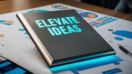 A book d "Elevate Ideas" rests on financial reports; concept of business strategy and innovation.