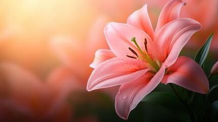 Fototapeta premium Blooming pink lily flower in nature setting close-up photography tranquil environment beauty