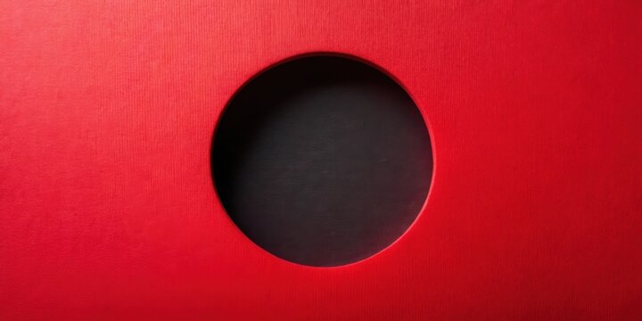 Red background with an oval cut out, revealing a black surface inside. The cut out is a simple but effective design element that creates a sense of depth and mystery.