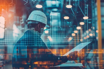 Worker in Hard Hat Analyzing Blueprints with Data Overlay in Modern Warehouse Environment for Construction and Engineering Projects Development