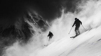 Skiers navigating through a snowy mountain landscape in dramatic weather