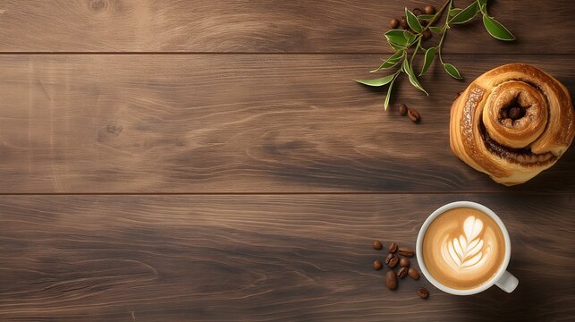 A cup of latte and a cinnamon roll sit on a wooden table, creating a cozy scene.