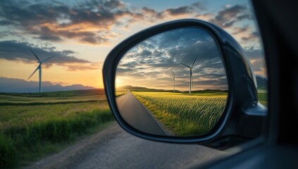 Sunset View of Wind Turbines Reflected in Car Mirror: A Symbol of Sustainable Energy