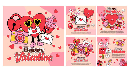 Happy valentines retro style social media vector template. Valentines day greeting card illustration