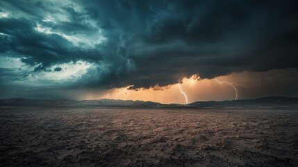 Dramatic lightning storm over arid landscape.