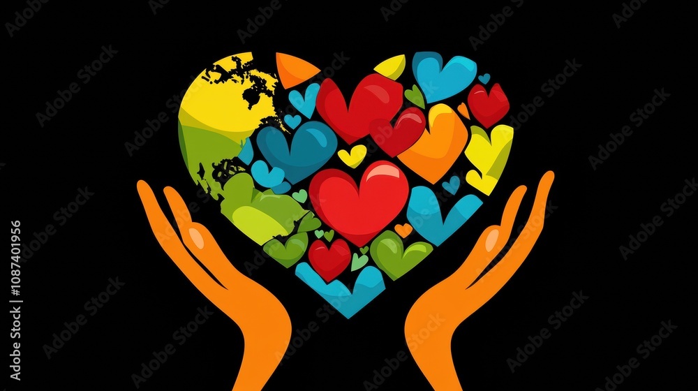 Poster colorful hearts and hands form a symbol representing global kindness and responsibility celebrated o