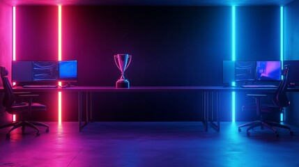 Two professional gaming stations face each other across a long table, bathed in contrasting neon pink and blue lighting