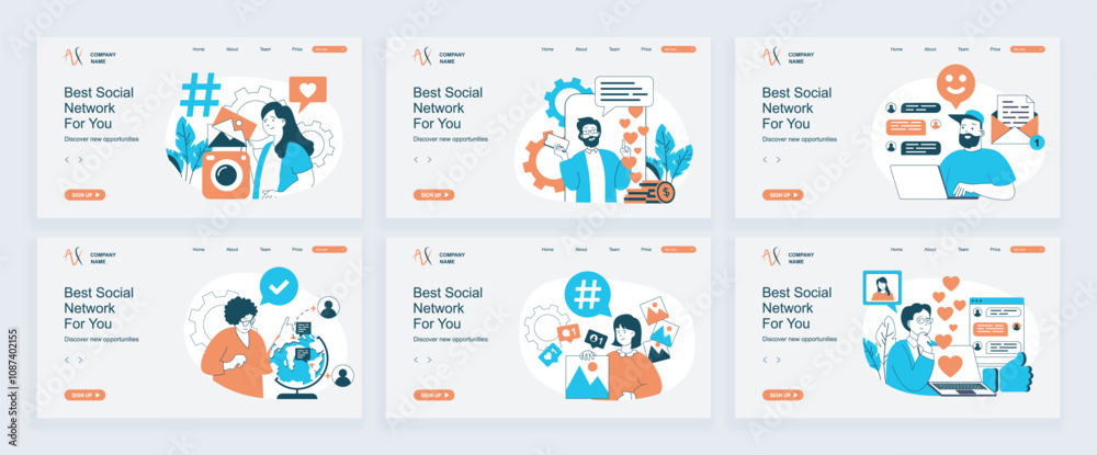 Poster social network concept of landing page with slide templates set in flat design. website headers with