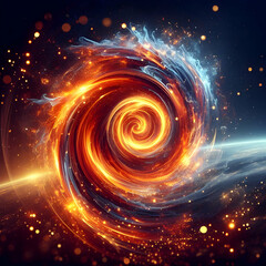 Obraz premium Abstract fire swirl with glowing sparks concept as A dynamic scene with a swirling fire vortex enhanced with glowing embers. Captures energy and motion in a glossy futuristic setting. in Photo Stock 