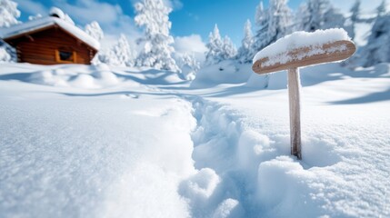 A snow-covered path leads to a rustic wooden cabin surrounded by snow-laden trees, evoking a sense of tranquility and the warmth of a secluded winter getaway.