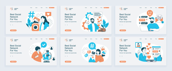 Social network concept of landing page with slide templates set in flat design. Website headers with people posting photos with hashtags, making live streams, online chatting. Vector illustrations.