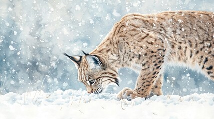 Fototapeta premium Lynx Carefully Sniffing and Digging in the Snow, Showcasing Its Intense Focus and Natural Instincts in a Snowy Environment