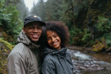 Fototapeta premium Portrait of a happy afro-american couple in their 20s wearing a lightweight packable anorak isolated on tranquil forest stream