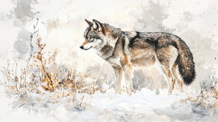 Fototapeta premium A Majestic Wolf Standing Still in the Snow, Showcasing Its Beautiful Fur Color Changes Amidst a Serene Winter Landscape Full of Delicate Natural Elements