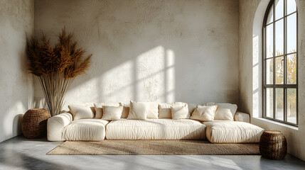 Fototapeta premium Bohemian Chic Living Room: Beige Sofa, Pampas Grass & Natural Decor