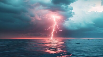 Obraz premium Thunderstorm over ocean, lightning bolt hitting surface, intense visual, 3D illustration
