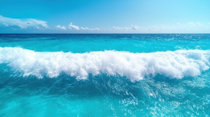 Fototapeta premium A stunning depiction of a powerful ocean wave meeting the shore under a vivid blue sky, capturing the majesty and energy of the sea with pristine clarity.