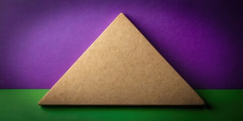A triangular piece of brown cardboard sits atop a green surface, framed by a vibrant purple backdrop.
