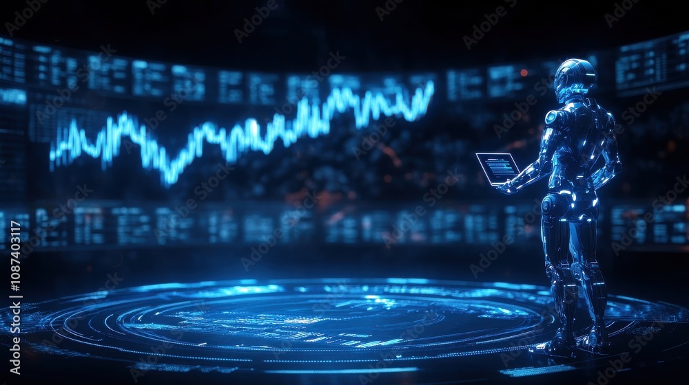 Poster Wealth and investment concepts. A futuristic robot analyzes data against a backdrop of digital graphs and technology.