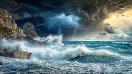 Dramatic ocean storm scene with lightning striking over rocky coastline and crashing waves.