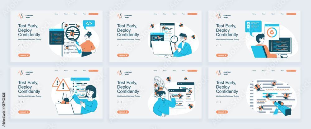 Aufkleber Software testing concept of landing page with slide templates set in flat design. Website headers with people find and fixing bugs in program code, do quality assurance analysis. Vector illustrations.