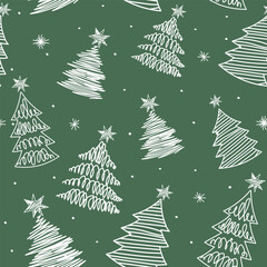 New Year.Cute and beautiful christmas trees seamless pattern, hand drawn doodle sketch and decorated trees - great for textiles, banners, wallpapers, cards - vector surface design. Green background.