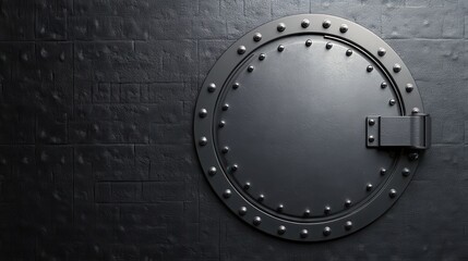 A close-up of a round, metallic hatch with rivets on a textured black surface.