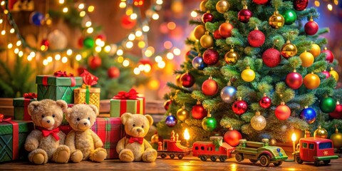 Naklejka premium A whimsical Christmas scene with a beautifully decorated tree, twinkling lights, wrapped presents, and teddy bears enjoying a toy train under the festive glow.