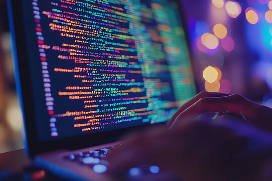 Dedicated programmer engaging in software development with java script code on laptop screen