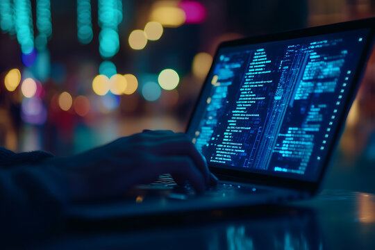 Dedicated programmer engaging in software development with java script code on laptop screen