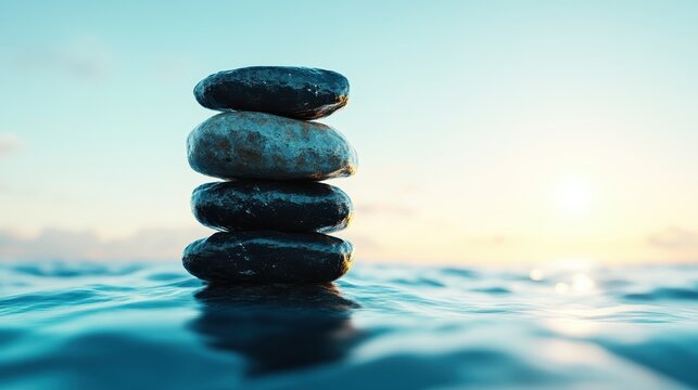 The image depicts a serene scene of four stones, perfectly balanced on a calm ocean surface, with a breathtaking sunrise in the background, exuding tranquility and balance.