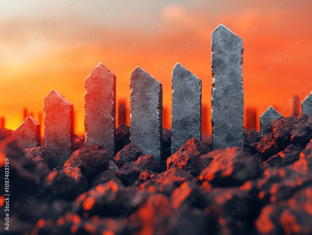 Poster abstract landscape with stone-like structures against a fiery sunset background.