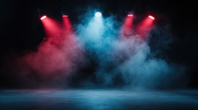 Dynamic red and blue stage lights create a striking haze effect, enhancing the visual appeal and depth of the scene to capture the viewer’s attention keenly.