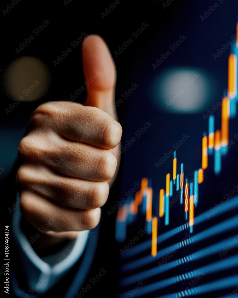 Poster Wealth and investment concepts. Thumbs up gesture with an upward trending financial graph in the background.